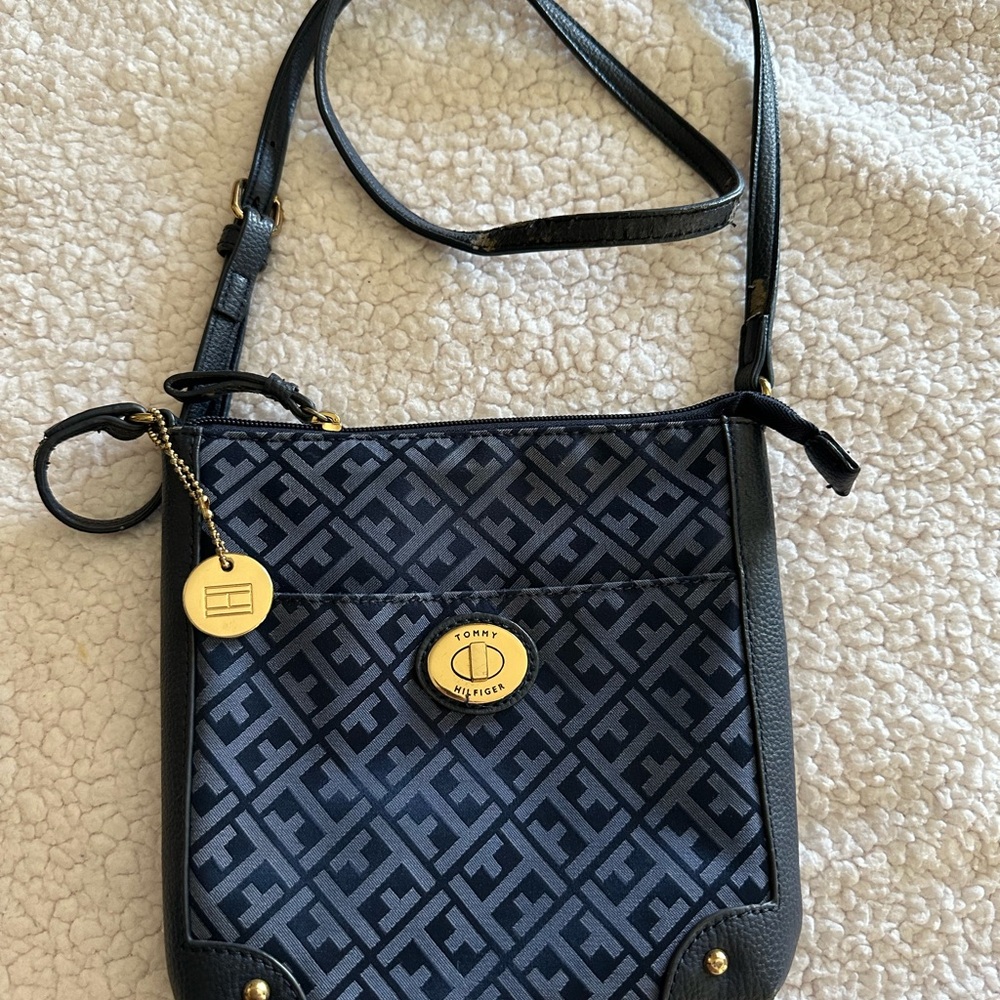 Tommy Hilfiger Navy and Black Monogram Crossbody with Gold-Tone Charm